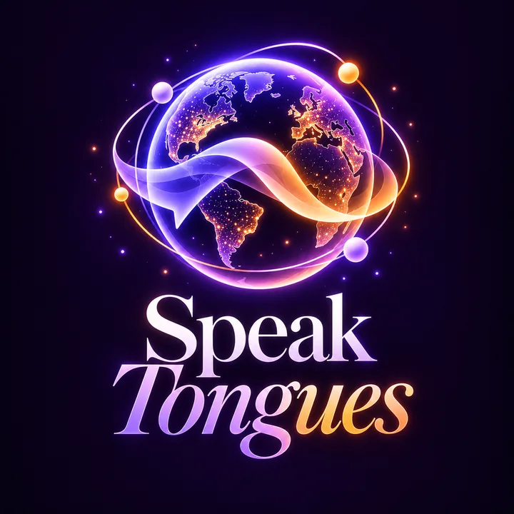 Speak Tongues: a glowing earth wrapped in a violet and orange ribbon